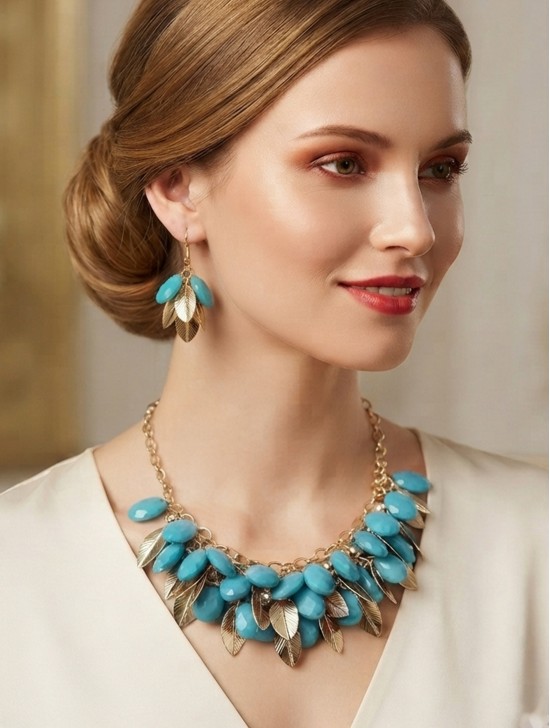 TWO TONE BEAD AND LEAF DESIGN NECKLACE WITH EARRING SET